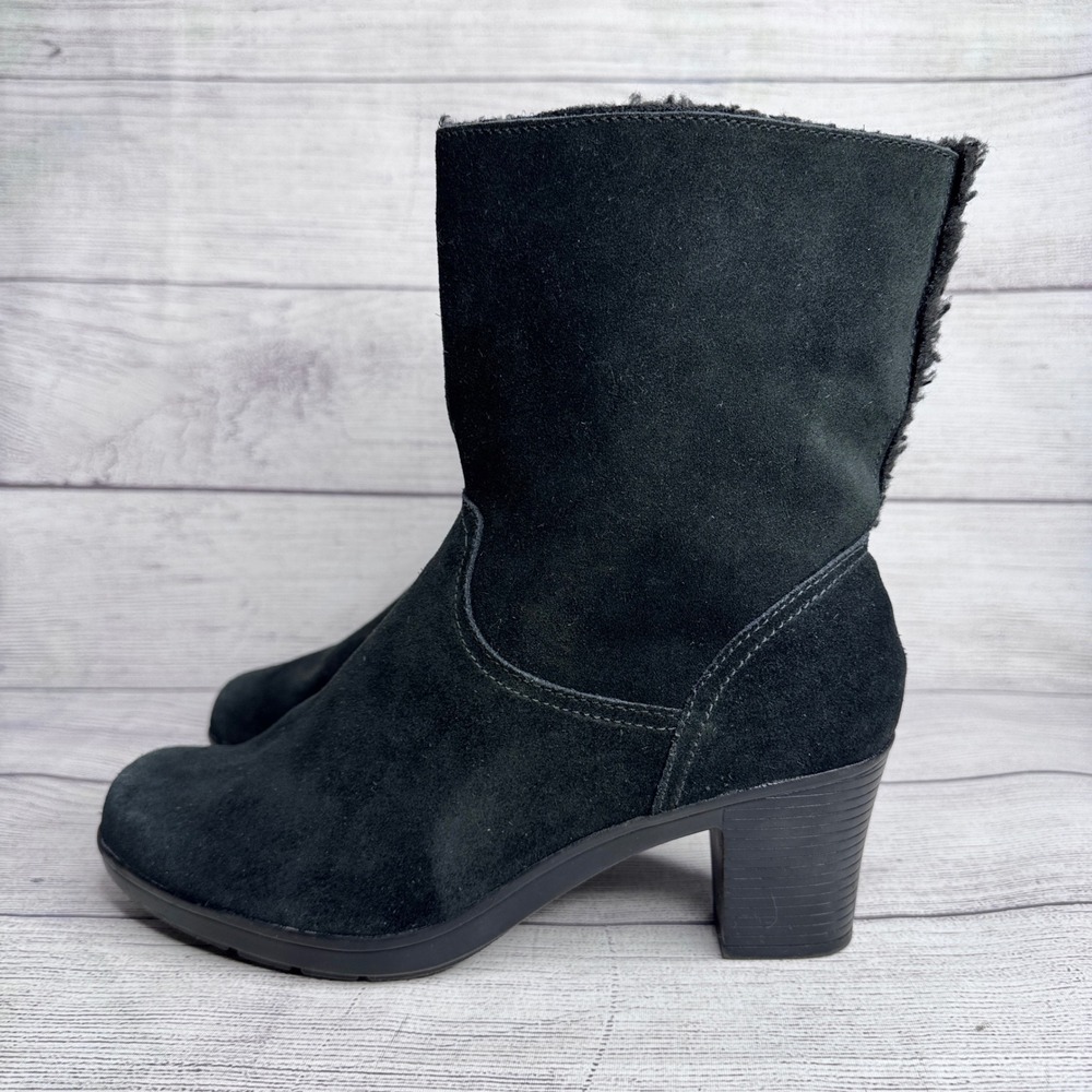 Clarks Womens Black Suede Faux Fur Lined Mid Calf Block Heel Boots‎ 9.5W